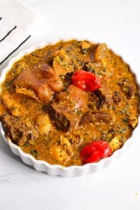 White dish of Ogbono Soup.