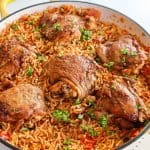 Chicken and Rice in a yellow pot.