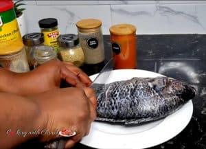 Person scoring a Tilapia.