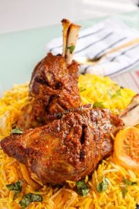Two lamb shanks with saffron rice.