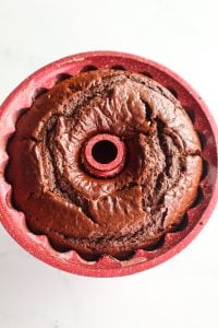 Chocolate Cream Cheese Bundt Cake in a bundt pan.