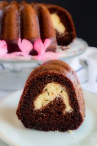 Slice of Chocolate Cream Cheese Bundt Cake.