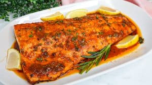 Rectangular dish of Baked Firecracker Salmon.