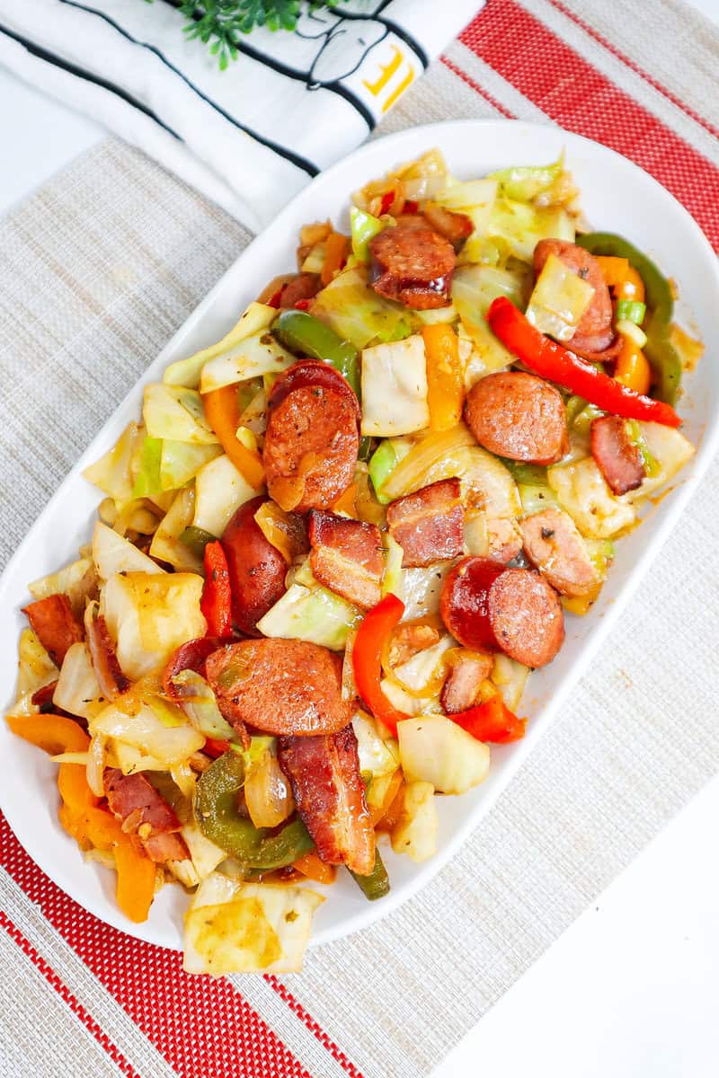 Dish of Southern Fried Cabbage with Bacon and Sausage.