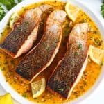 Plate of Pan-Seared, Skin-On Salmon.