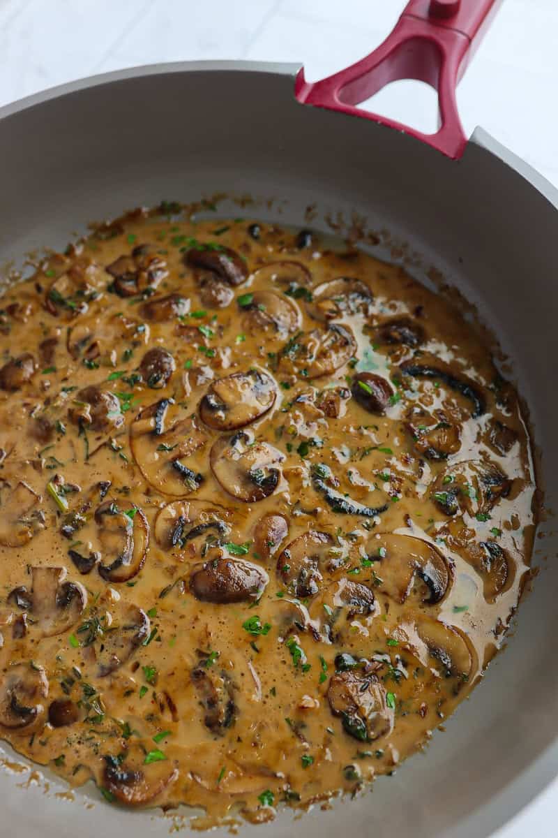 Mushroom sauce in a pan.