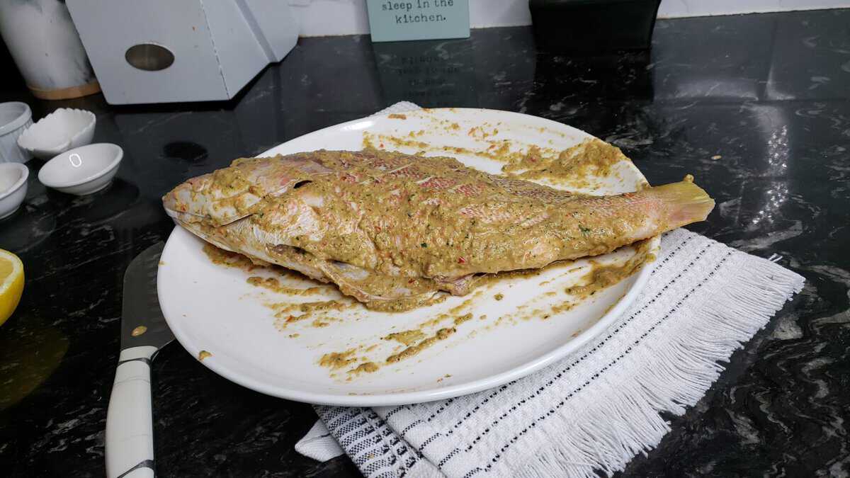 Red snapper coated in marinade.