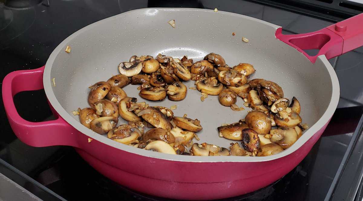 Pan of mushrooms, onion, and garlic.