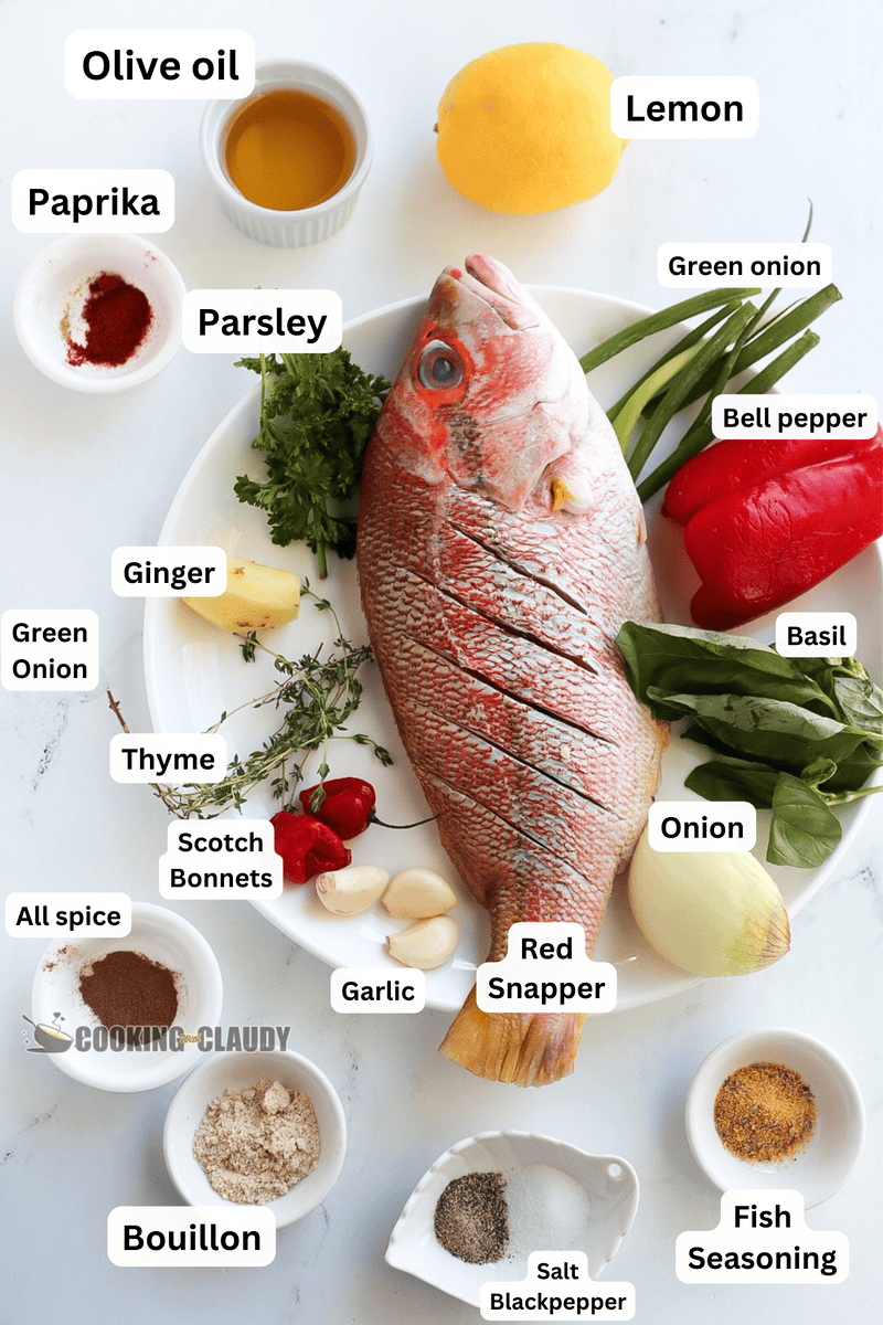 Caribbean Grilled Red Snapper ingredients including ginger, green onion, and Scotch Bonnets.