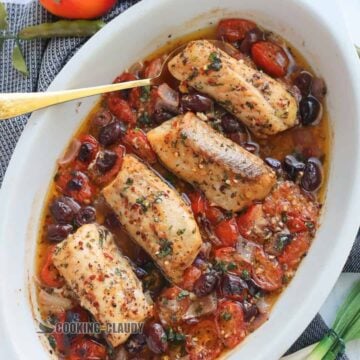 White dish of Mediterranean Baked Cod.