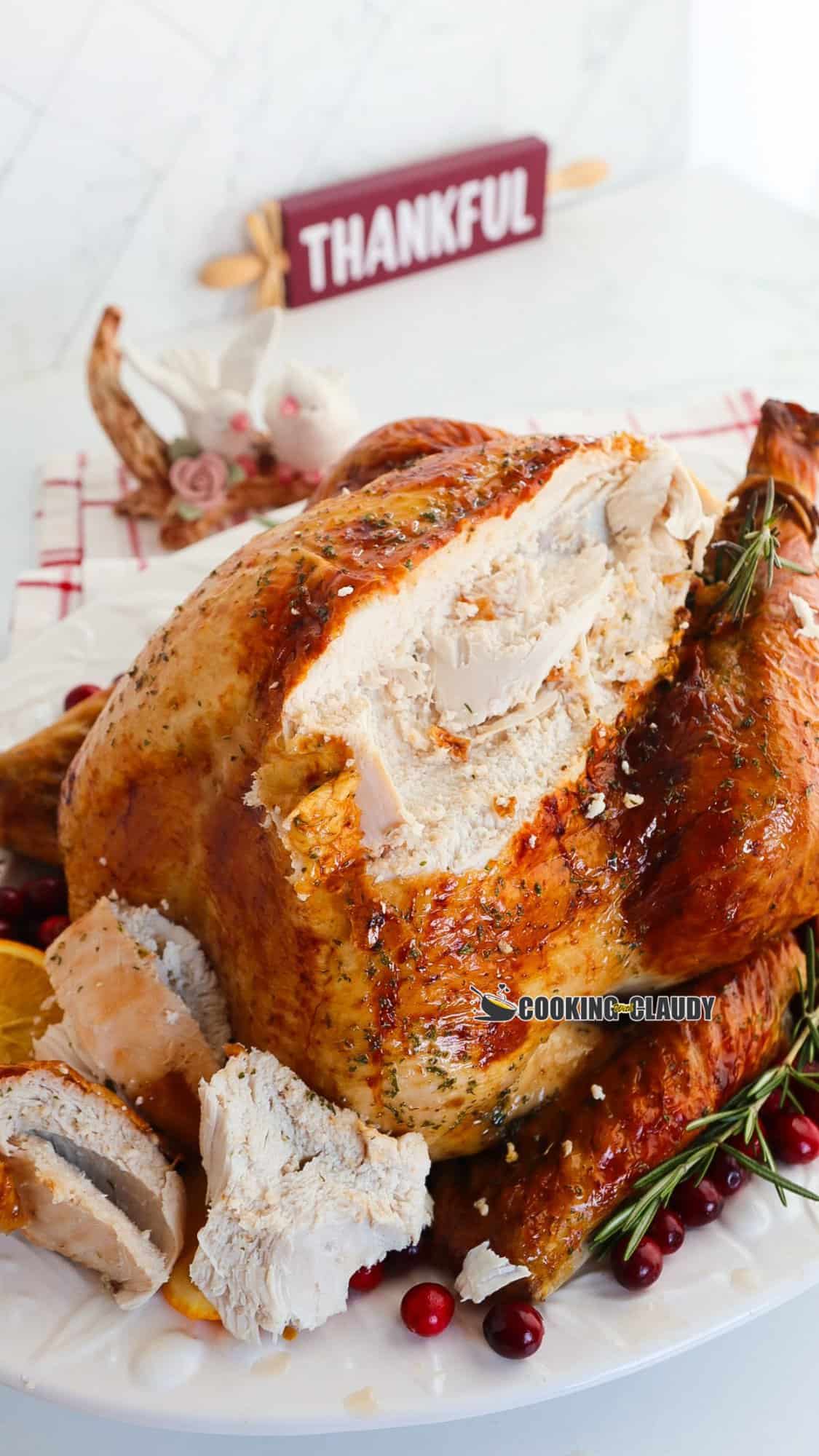 juicy roasted turkey being carved. 