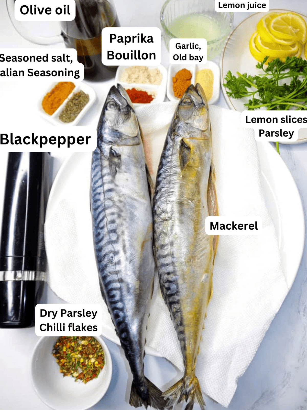 Oven-Baked Whole Mackerel ingredients including Old Bay seasoning, chili flakes, and lemon juice.