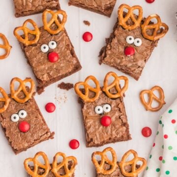 Rudolph brownies on a white surface