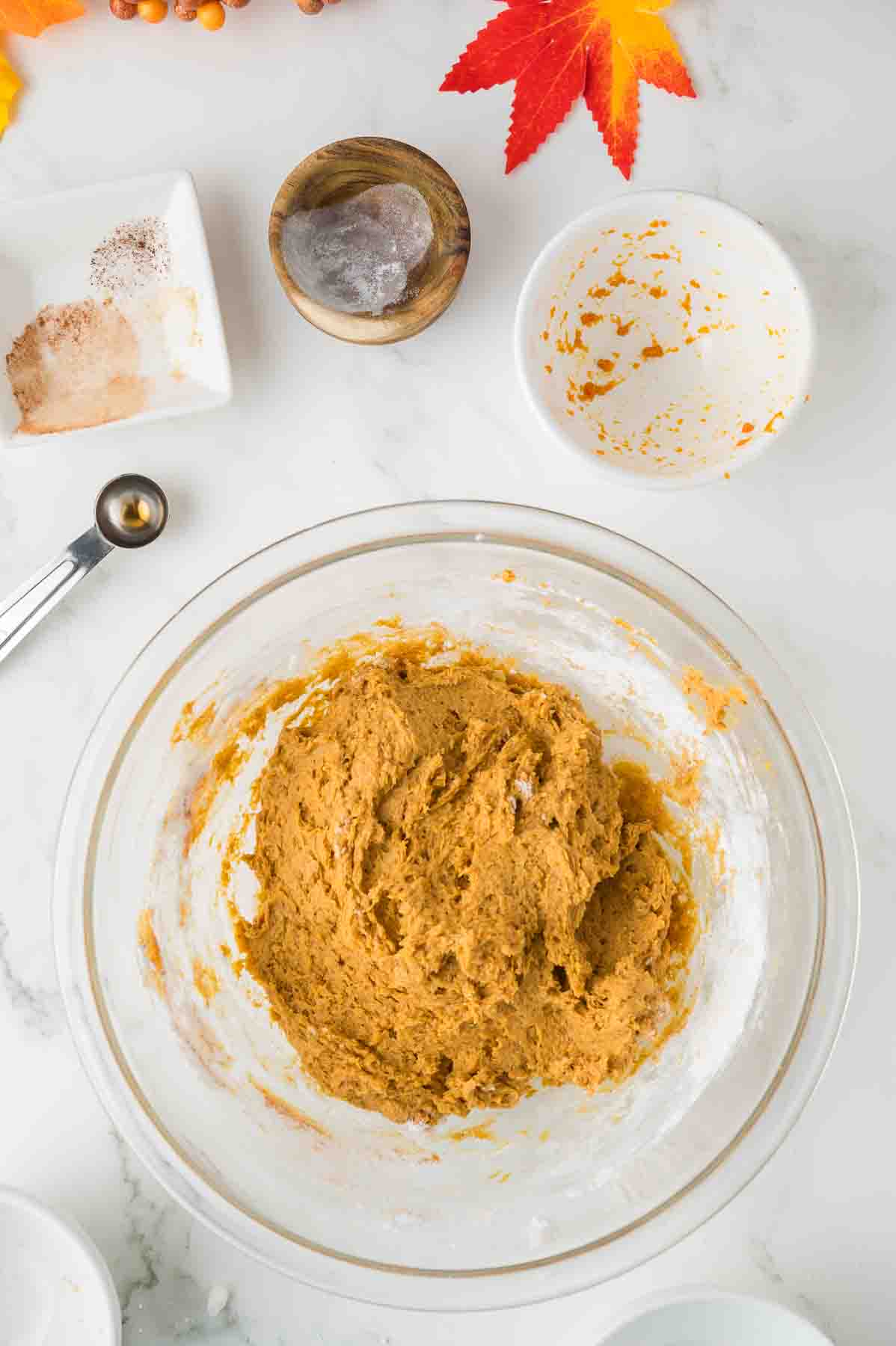 pumpkin spice cookie dough in a bowl. 