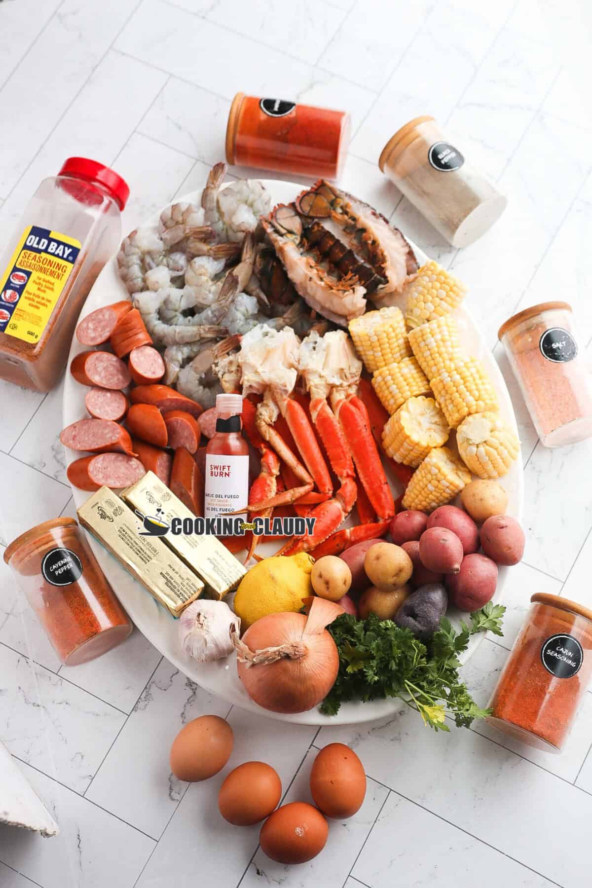 ingredients for the seafood boil in a bag recipe. 