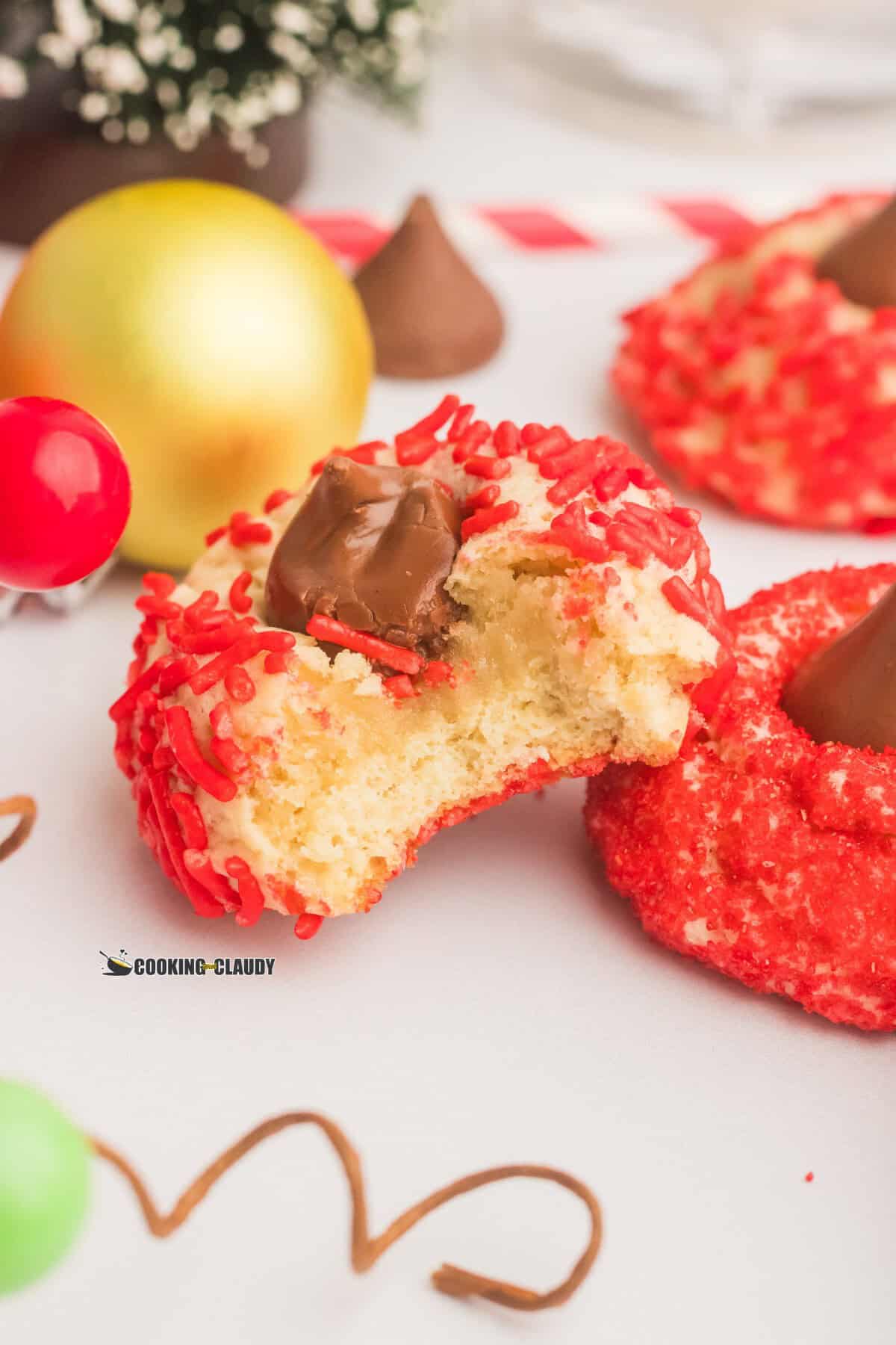 Soft and chewy cookies with red sprinkles and a Hershey's Chocolate Kiss. 