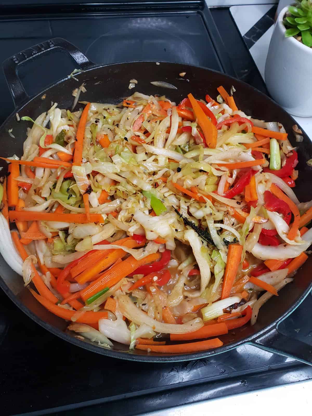 Jamaican steamed cabbage in a pan