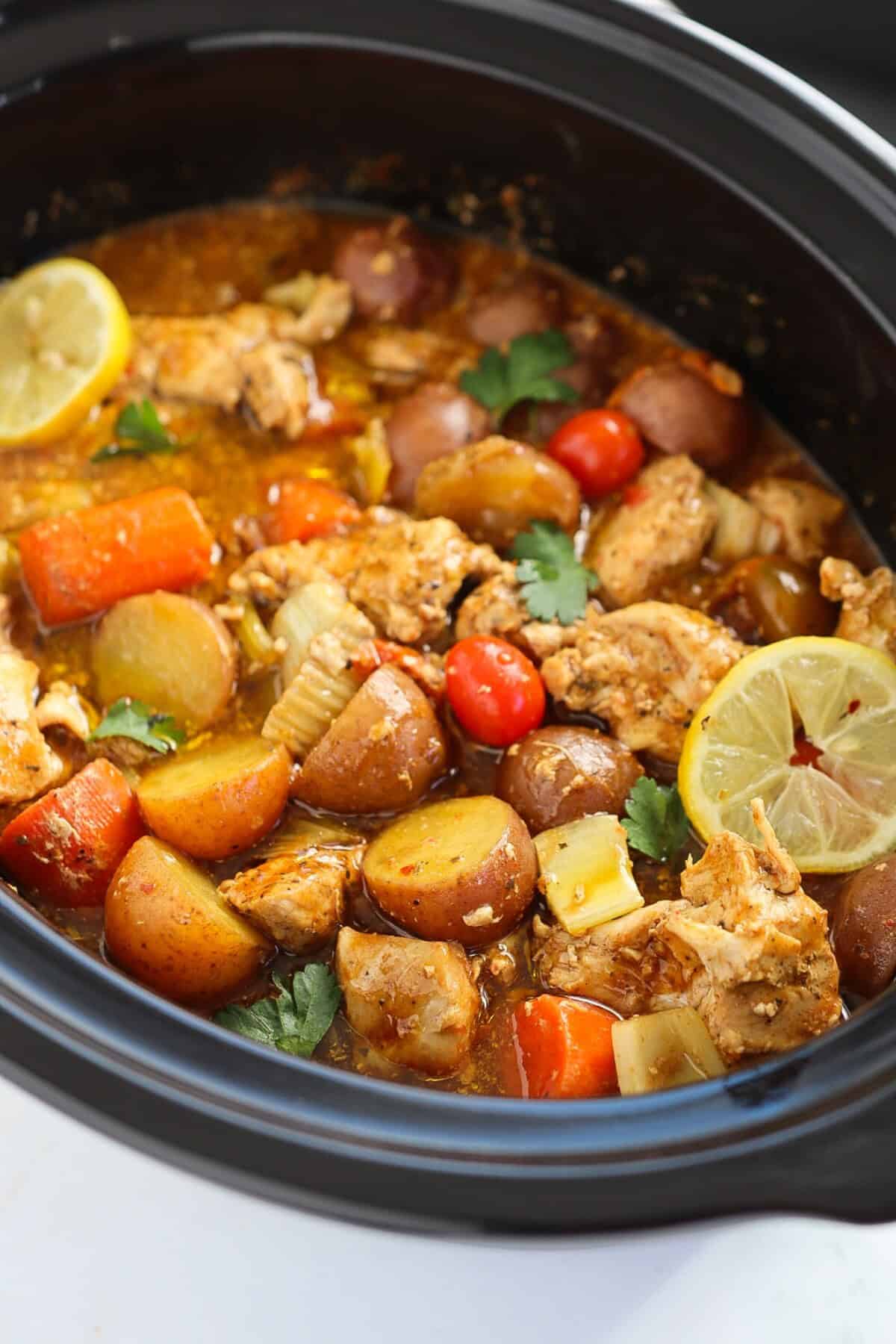 chicken and potatoes in a crockpot