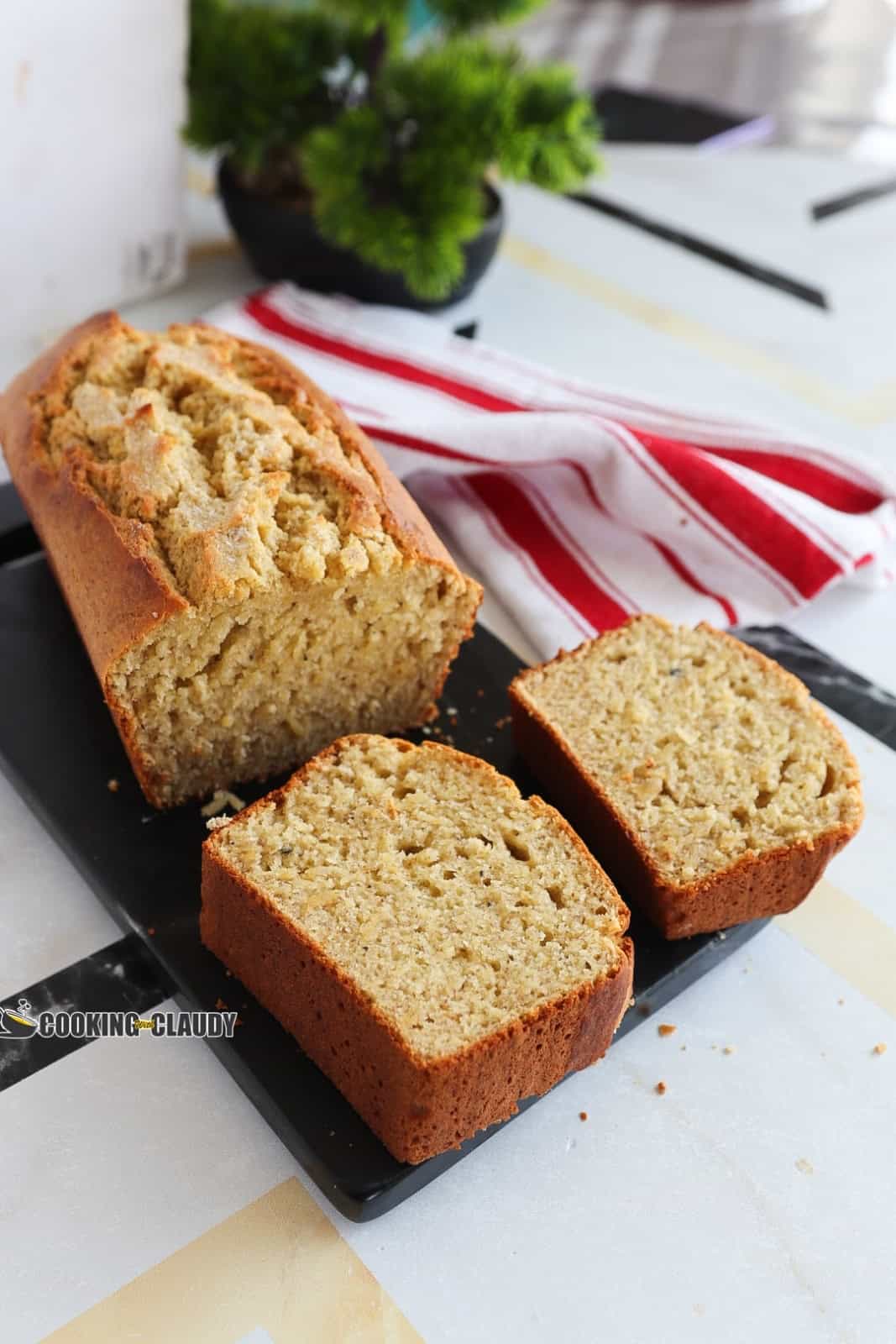 plantain cake on a black platter