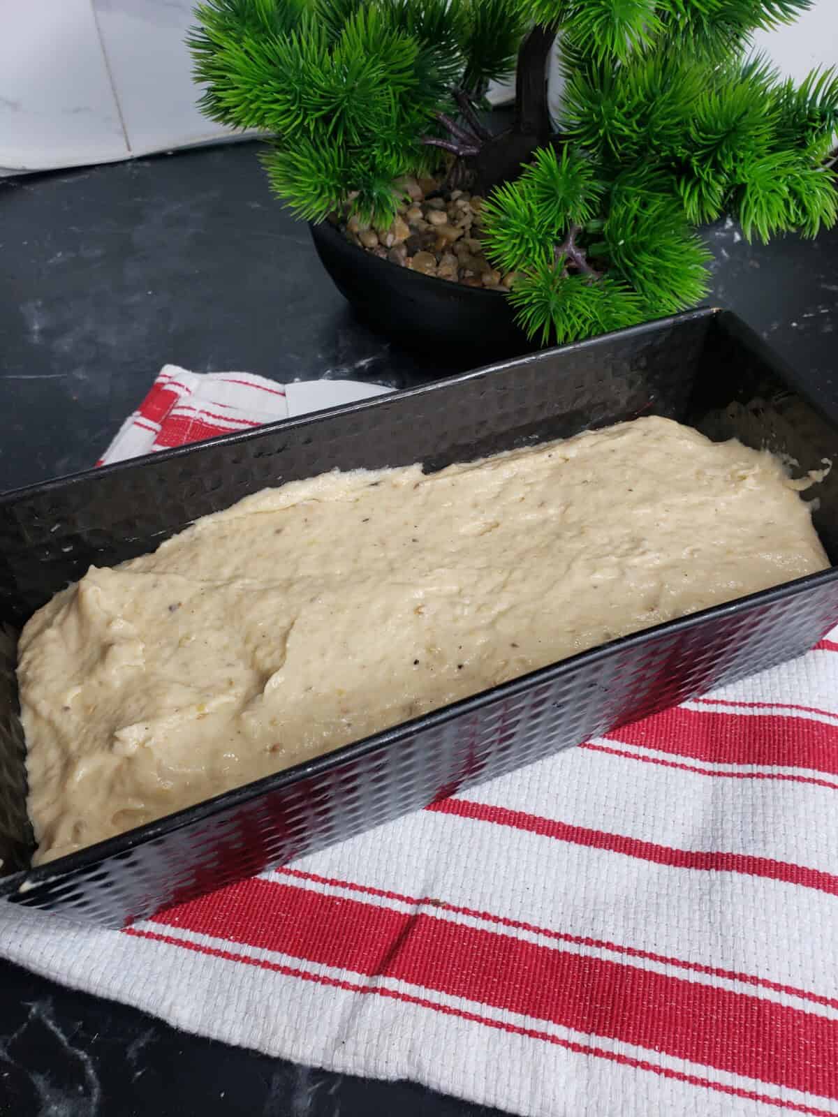 cake batter in loaf pan