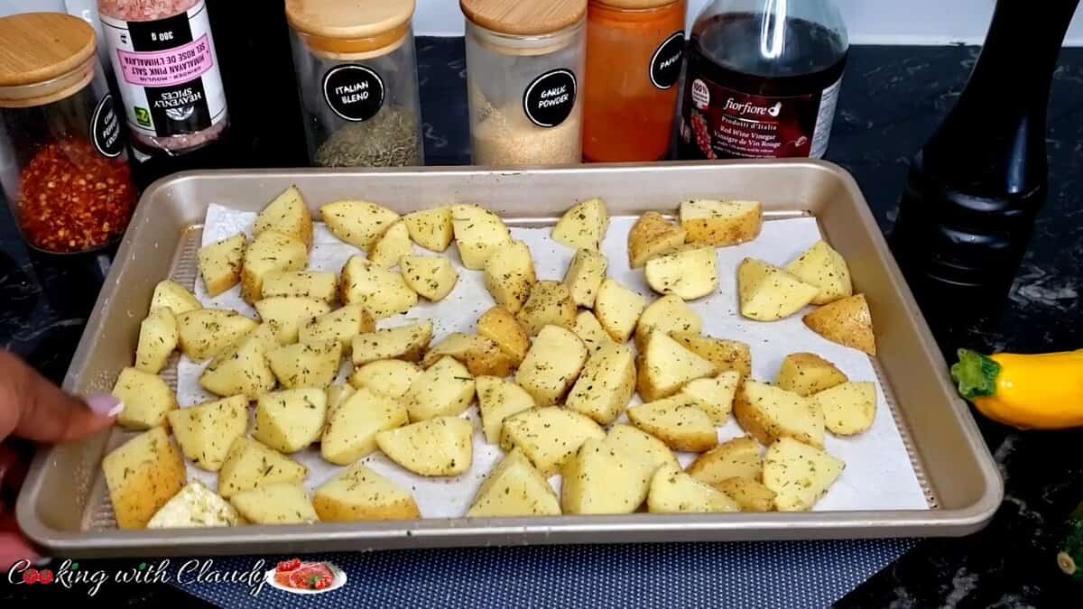 potatoes on baking sheet