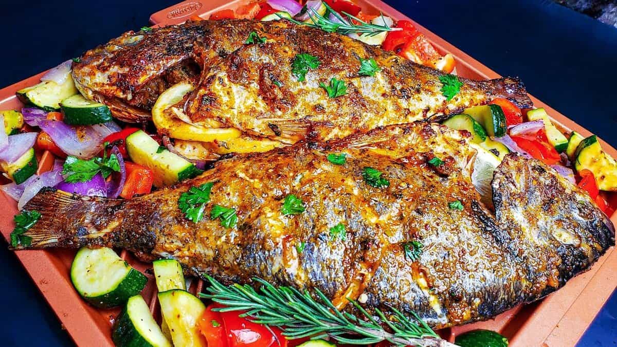 roasted fish on a pan