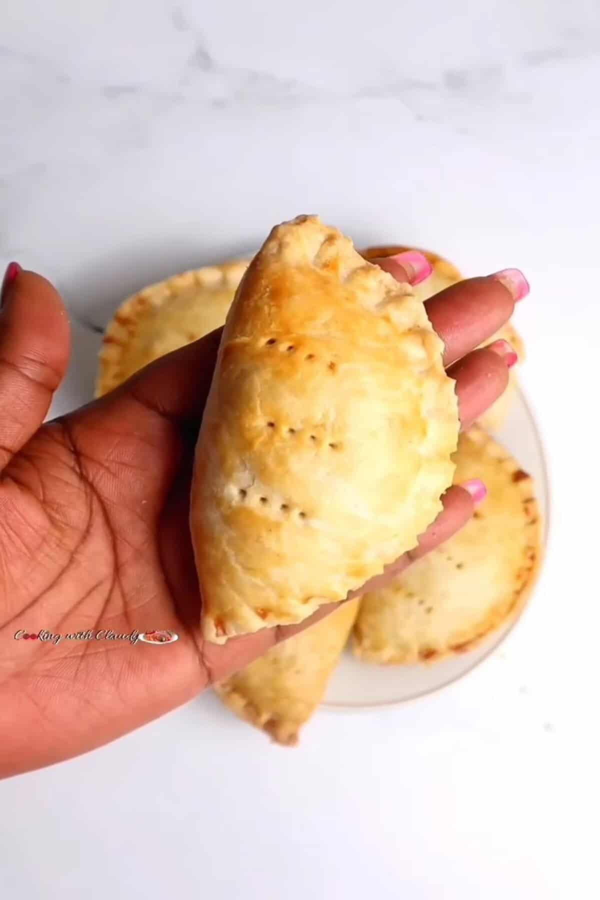 Nigerian meat pie on a palm