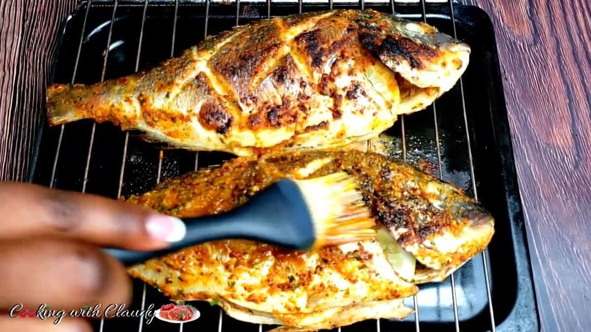 roasted fish on a rack