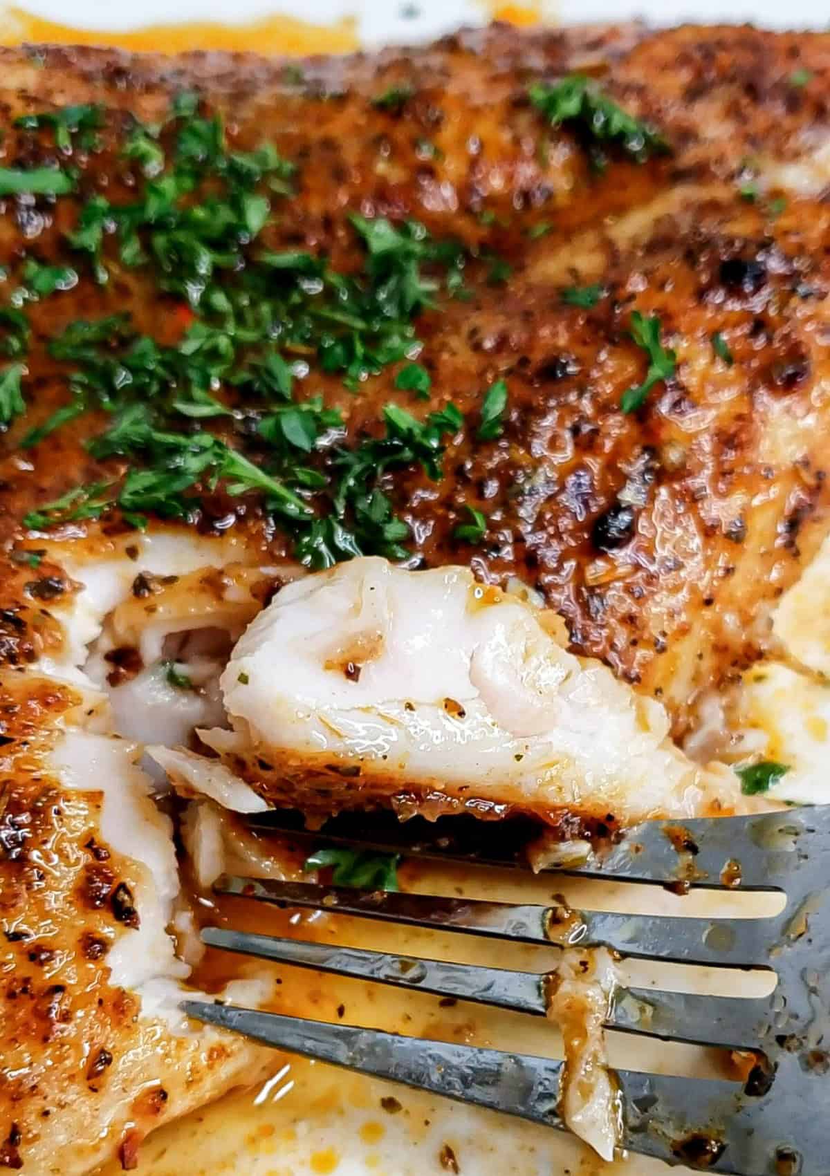 cut baked fish with a fork