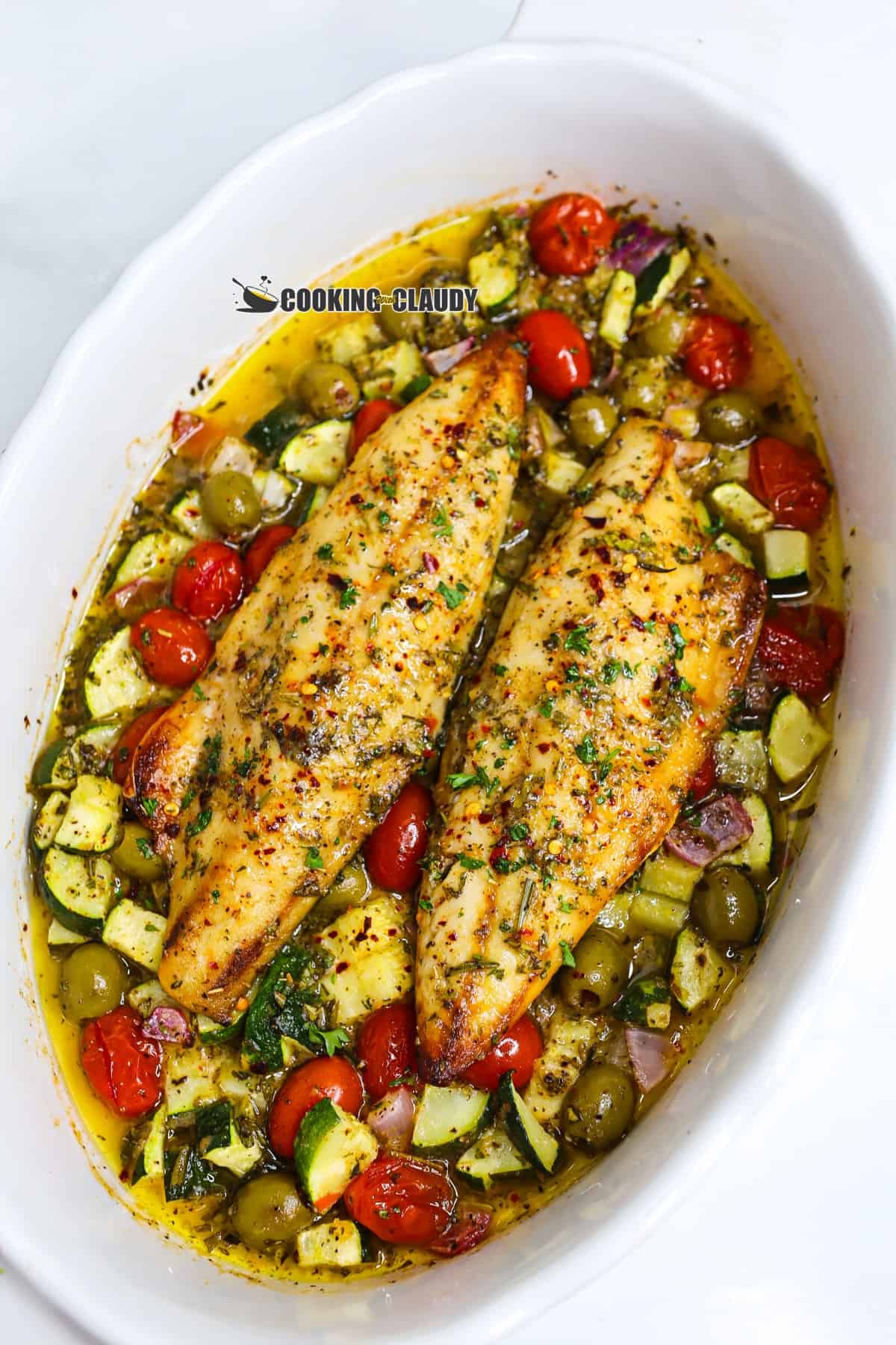 Mediterranean Baked Fish in a pan