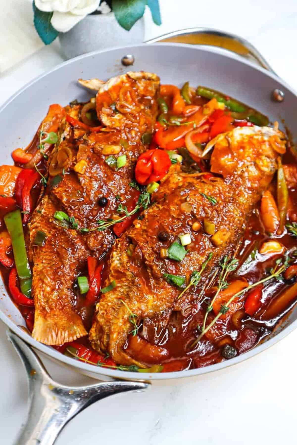 Pan of Jamaican Brown Stew Fish.