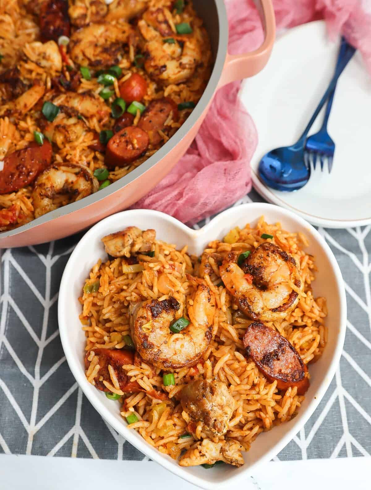 Jambalaya in a heart-shaped bowl.