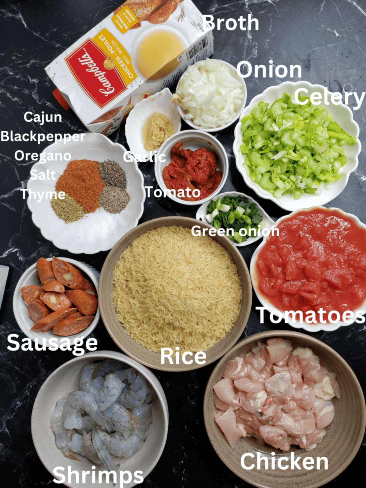 Jambalaya ingredients including celery, tomato, and green onion.