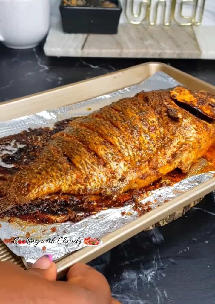 juicy baked whole tilapia in a tray
