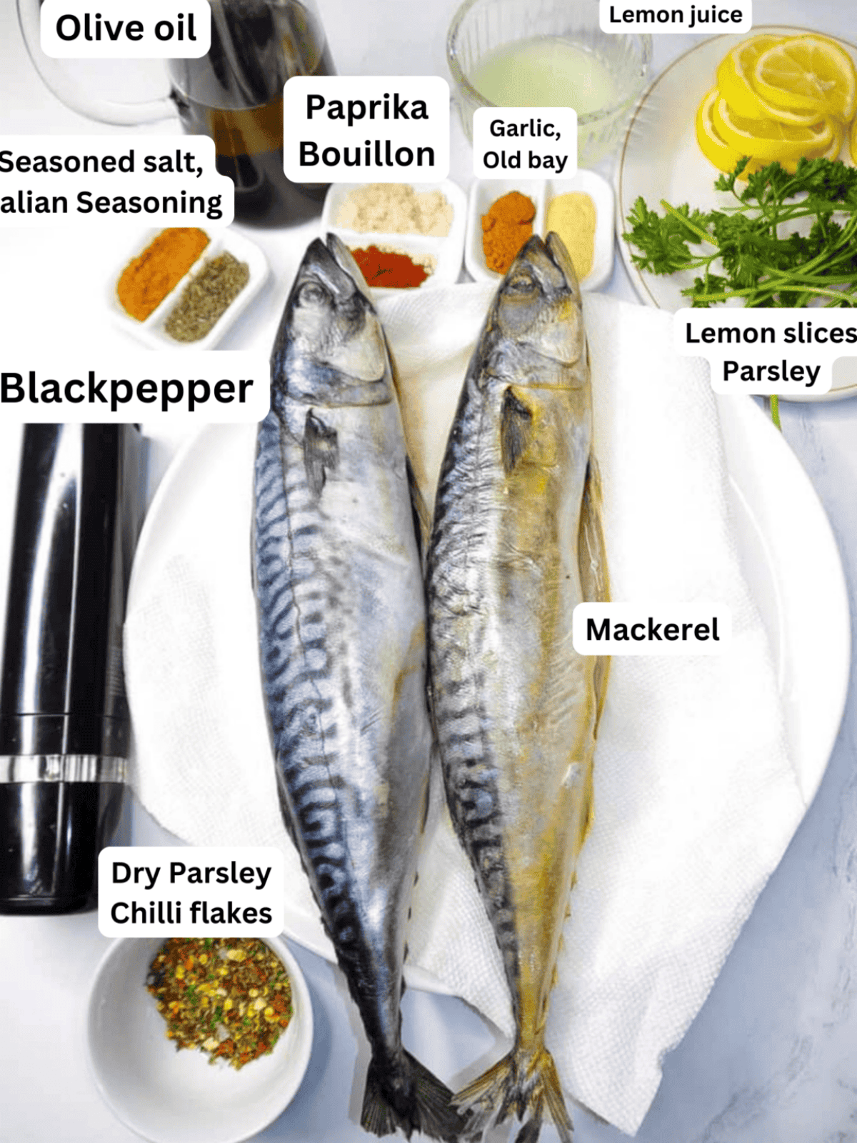 ingredients for Oven-Baked Whole Mackerel on aluminum foil.