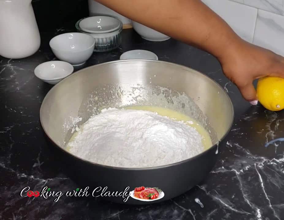 dried ingredients added to wet ingredients for lemon cake
