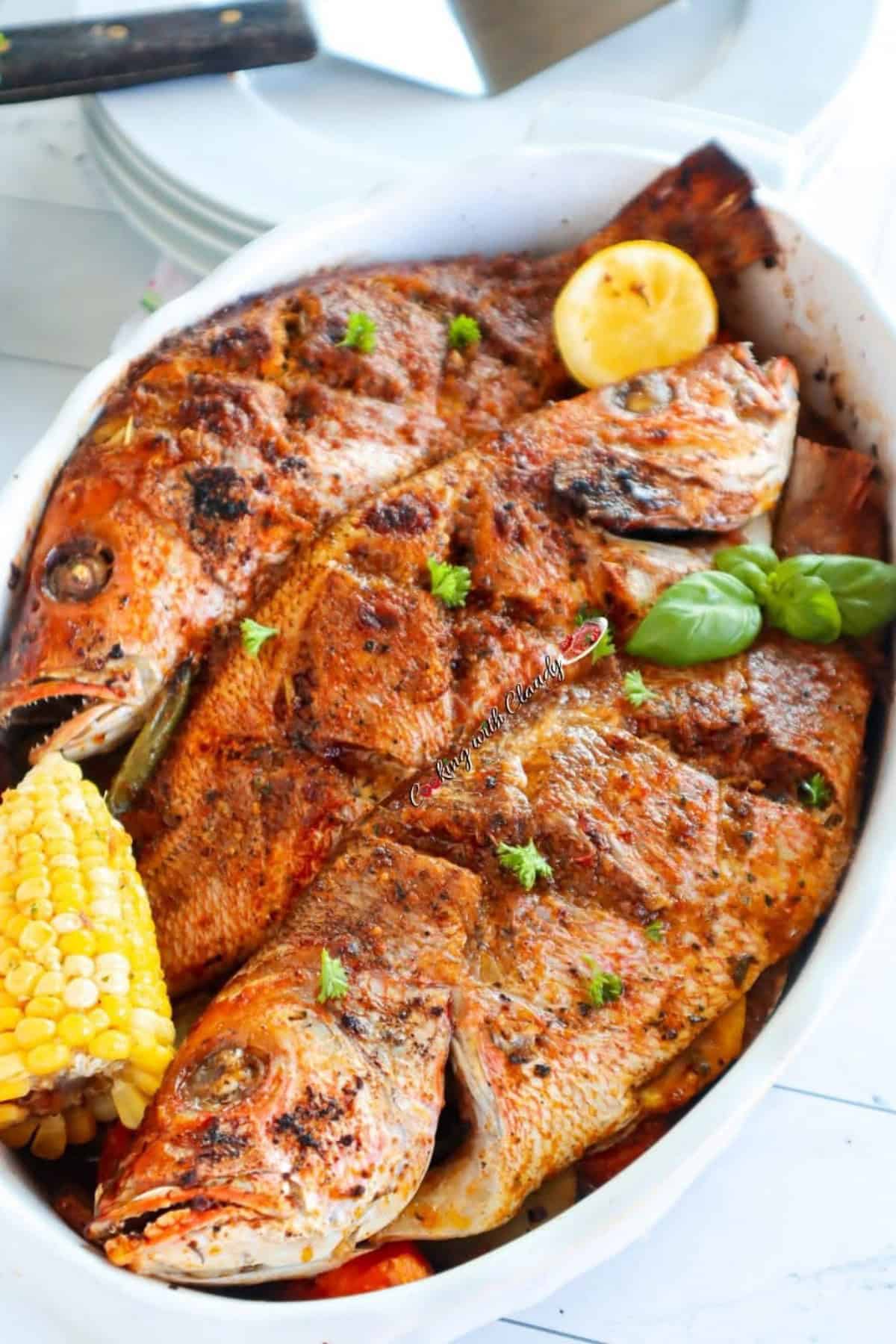 oven baked red snapper in a bowl
