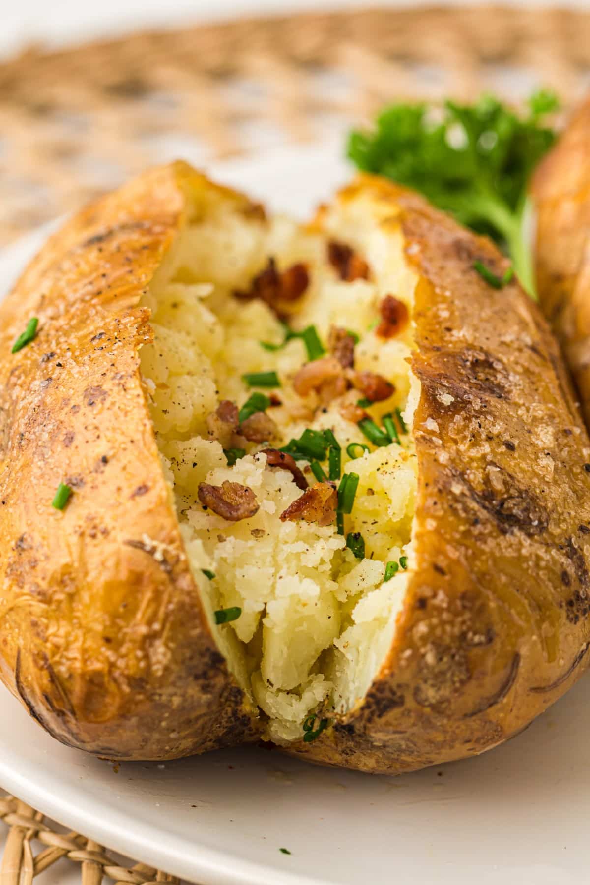 baked air fryer potatoes with chives and bacon